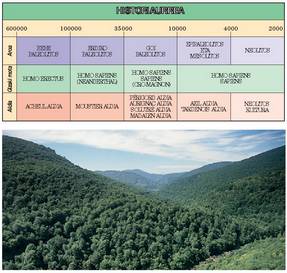 Goian: Historiaurreko kronologia, kulturak eta gizaki motak.<br><br>Behean: Iratiko basoa, Olaldea inguruan, Garralda (Nafarroa). Izotzaldien ondoko Euskal Herriko habitata.<br><br>